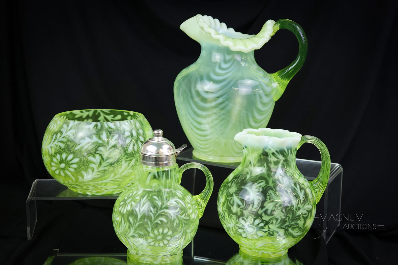 4 pc Lot Fenton LG Wright Topaz Vaseline Opalescent Uranium Glass: Count them. There are four sheer delights to behold in this offering of Fenton and Fenton for L.G.Wright glass. This lot is made up of glowing uranium-rich topaz opalescent examples. Three are in the