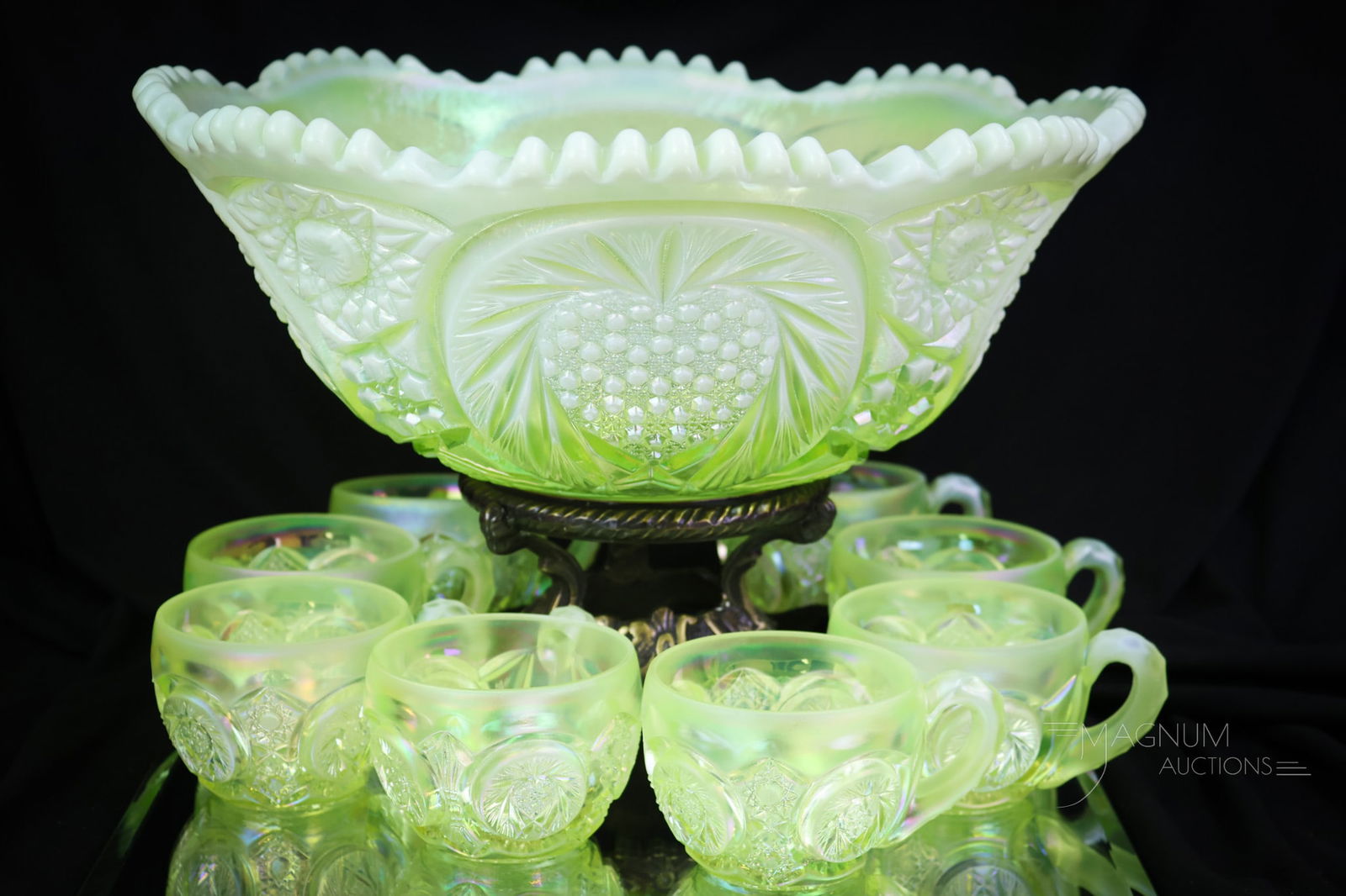 Fenton Topaz Iridescent Vaseline Opalescent Uranium Punch Set: A superb find in our auction. How do we come up with such wonderful items? Sometimes we amaze ourselves. This lovely Fenton punch set is made in iridescent Topaz vaseline opalescent uranium-rich glass