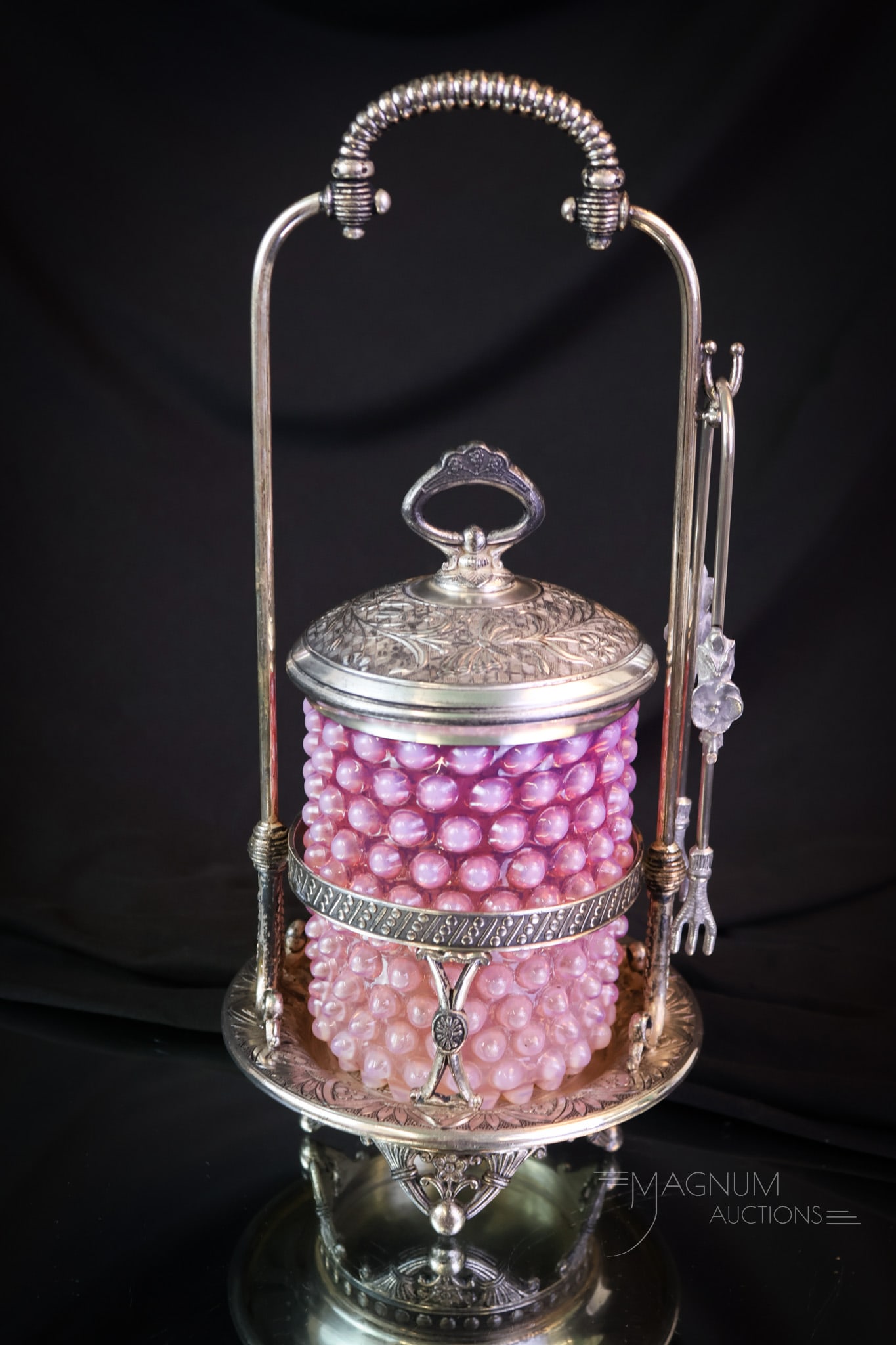 Hobbs Pink Opalescent Hobnail Victorian Tufts Silverplate Pickle Castor: A pretty in pink Victorian Hobbs Hobnail pattern pickle jar set in a signed Tufts silverplate frame. This lovely has perfect coloring. The lid features birds in the design. The castor measures 12" tal