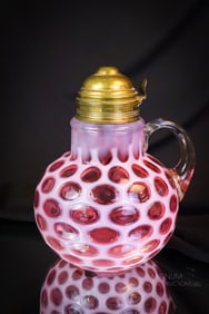 Rare Cranberry Opalescent Honeycomb Victorian Glass Syrup Pitcher