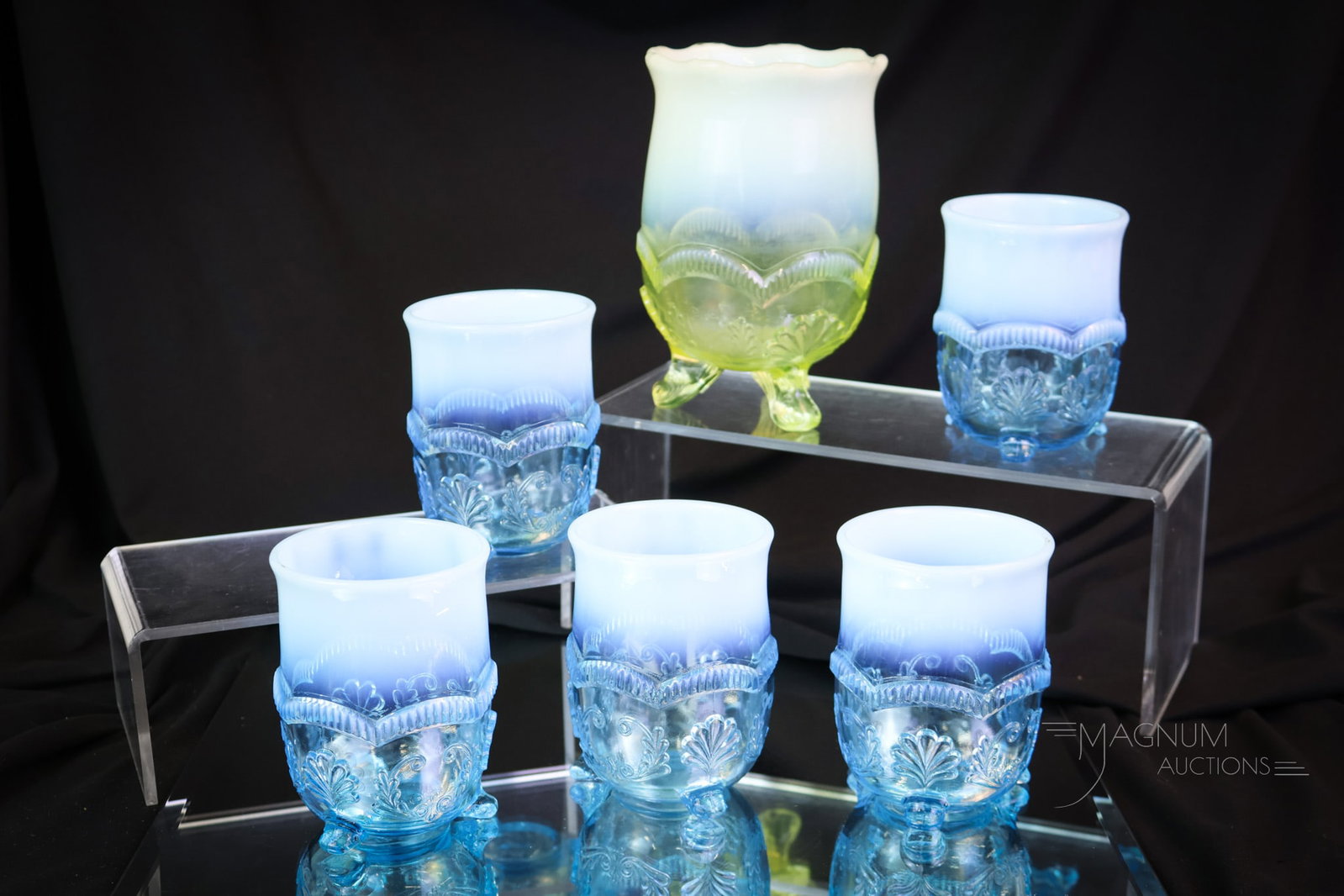 6 pc Lot Albany Glass Rare Tumblers Vaseline Uranium Celery & More: You will look long and hard for a set of these footed Albany glass Wreath and Shell pattern tumblers. They are just not out there. This lot also includes a uranium-rich vaseline glass celery vase in t