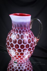 Very Rare Cranberry Opalescent Big Windows Victorian Glass Water Pitcher