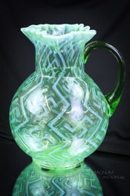 Very Rare Northwood Green Opalescent Swastika Victorian Glass Water Pitcher