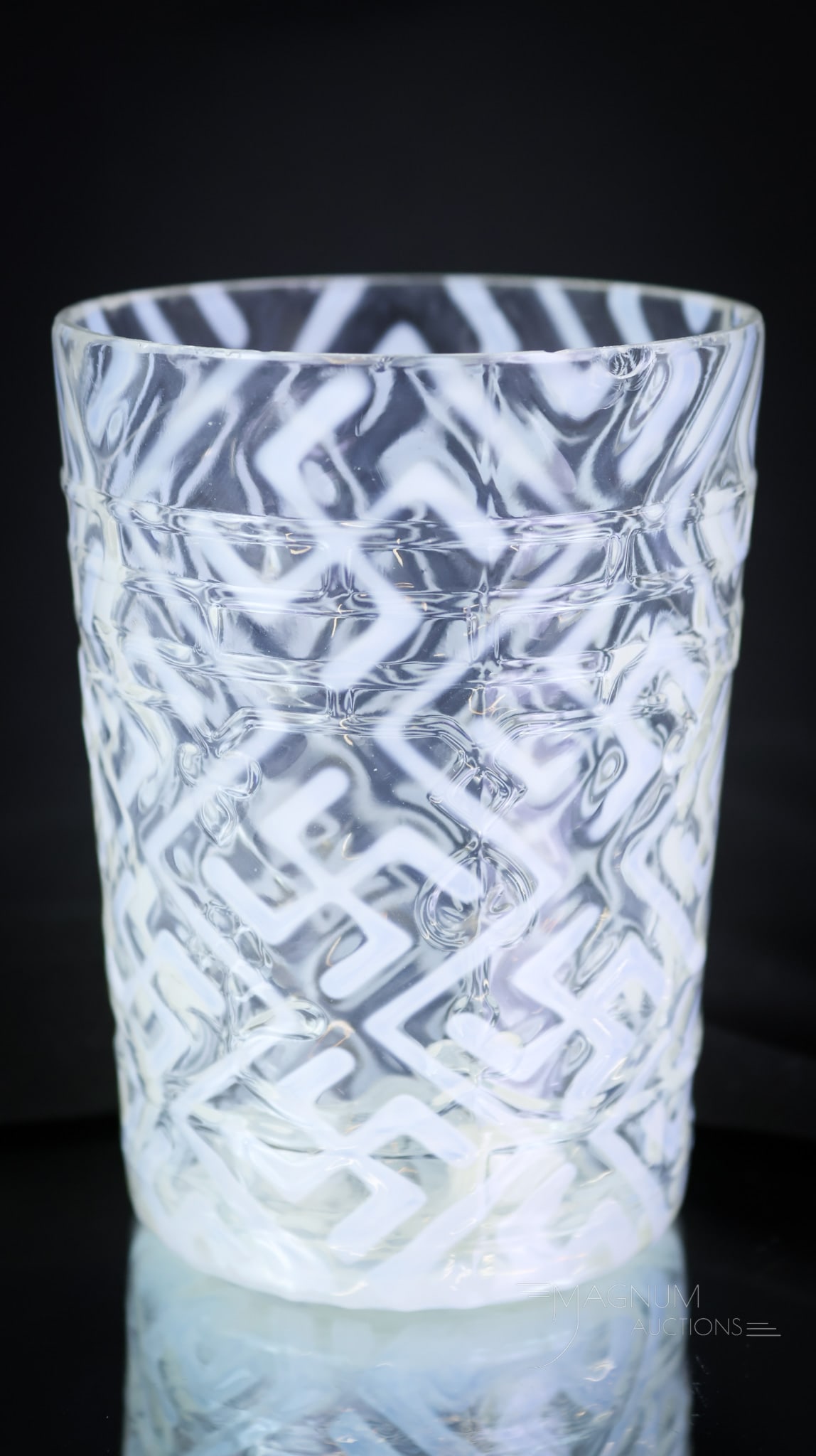 Northwood Rare Swastika Victorian Opalescent Glass Tumbler: Another rare find in the Swastika pattern. This tumbler is in the Spades and Clubs mold. It has strikingly beautiful opalescence. This tumbler measures 4" tall and 3" wide. SHIPPING NOTICE: If you cho