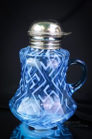Very Rare Northwood Swastika Blue Opalescent Glass Syrup Pitcher