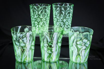 5 pc Lot Northwood Green Opalescent Glass Victorian Tumblers