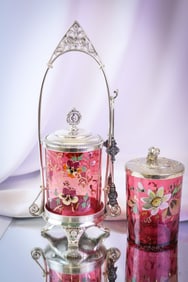 2 pc Lot Cranberry Enameled Victorian Silverplate Pickle Castor & More