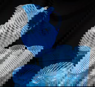 6 pc Lot Blue Opalescent Hobbs Victorian Glass Water Set & More