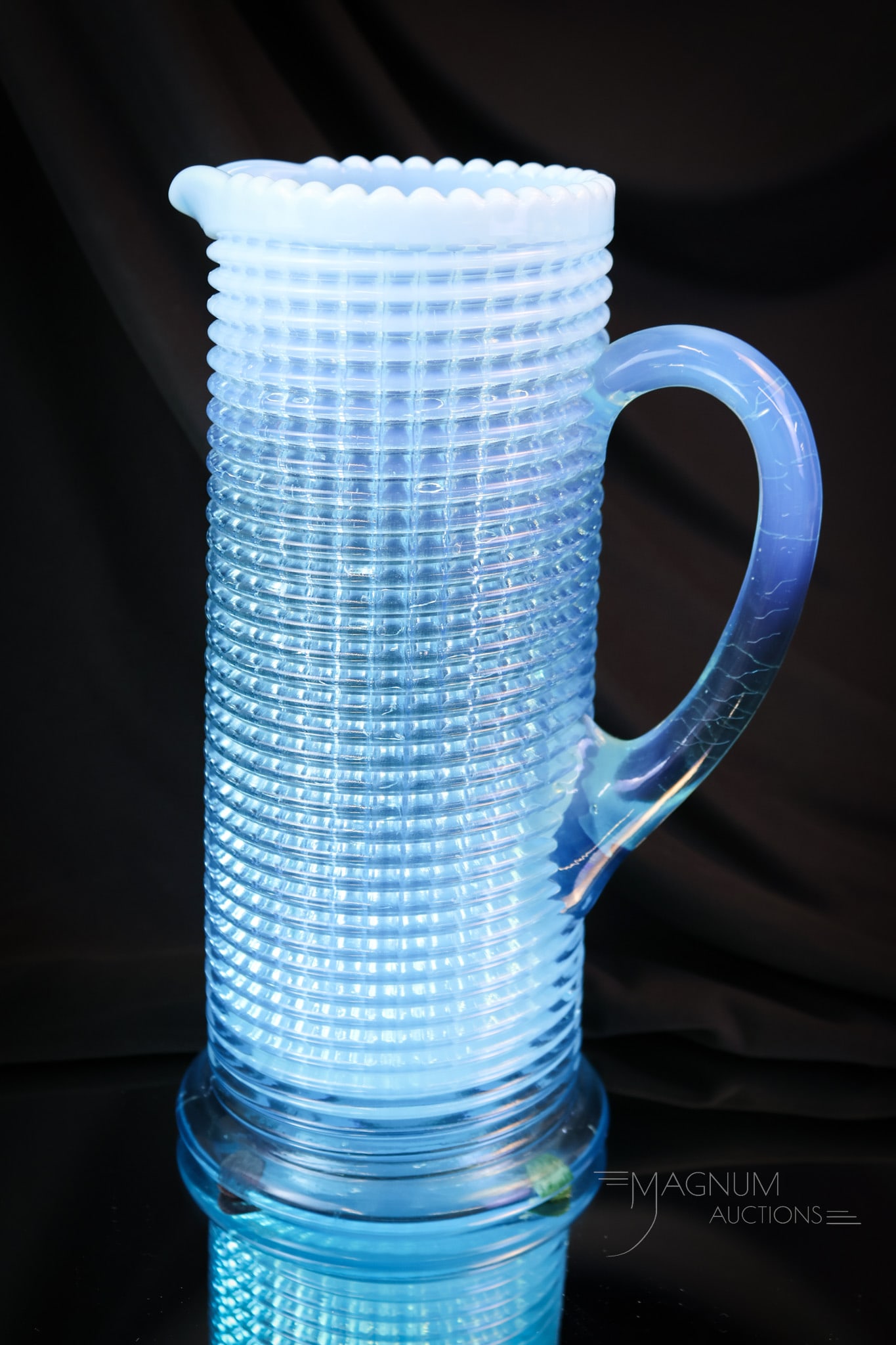 Very Rare Albany Glass Blue Opalescent Ribbed Spiral Tankard Victorian Water Pitcher: A very rare find in Albany Glass. This is a tankard pitcher in the Ribbed Spiral pattern. Set your sights high for this rare find. Yet another rarity presented by Magnum Auctions. This pitcher measure