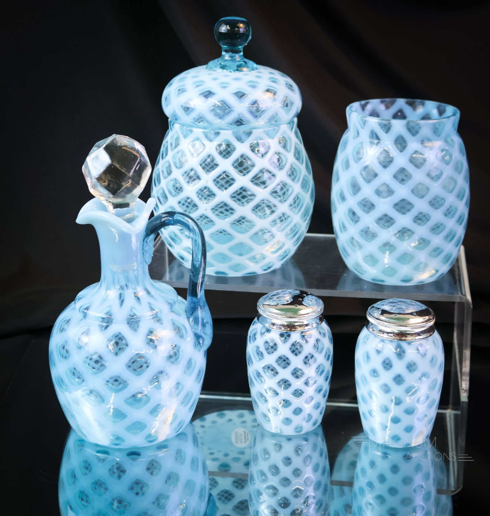 5 pc Lot Victorian Blue Opalescent Bubble Lattice Glass: This lot includes a covered sugar bowl, a spooner, two salt shakers, and lastly a cruet. Each piece has stunning color and opalescence. The tallest measures 6 1/2" tall. SHIPPING NOTICE: If you choose