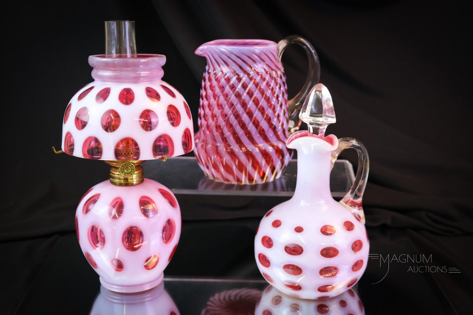 3 pc Lot Cranberry Opalescent Victorian & Fenton Glass: Three unique finds in Victorian and Fenton cranberry opalescent glass. The first is a Northwood Chrysanthemum Base Swirl creamer. The second is a West Virginia Polka Dot pattern cruet. The third item 