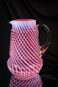 Northwood Cranberry Opalescent Glass Chrysanthemum Base Swirl Water Pitcher