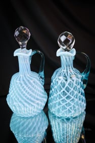 2 pc Lot Northwood Blue Opalescent Victorian Glass Cruets