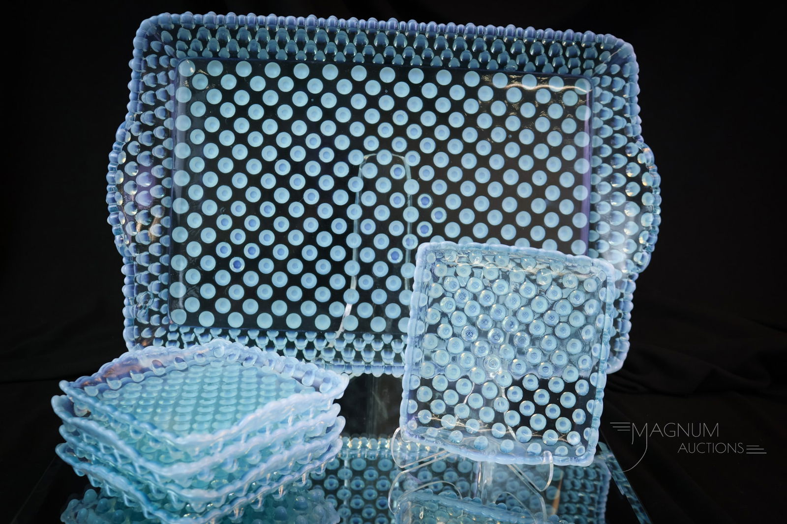 6 pc Set Beatty Blue Opalescent Hobnail Ice Cream Set: This is a rare find! This is a Hobnail pattern ice cream set by Beatty. This glass is lovely with crisp blue coloring. The Uranies will want to know. Yes, it glows under black light with its uranium c