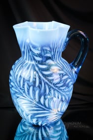 Blue Opalescent Fern Victorian Glass Water Pitcher