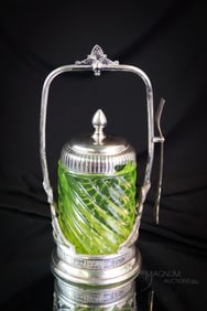 Reed & Barton Victorian Silverplate Vaseline Uranium Glass Pickle Castor
