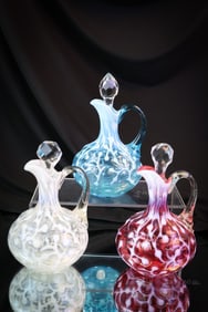 3 pc Lot Patriotism Hobbs Cranberry Blue Opalescent Victorian Glass Cruets