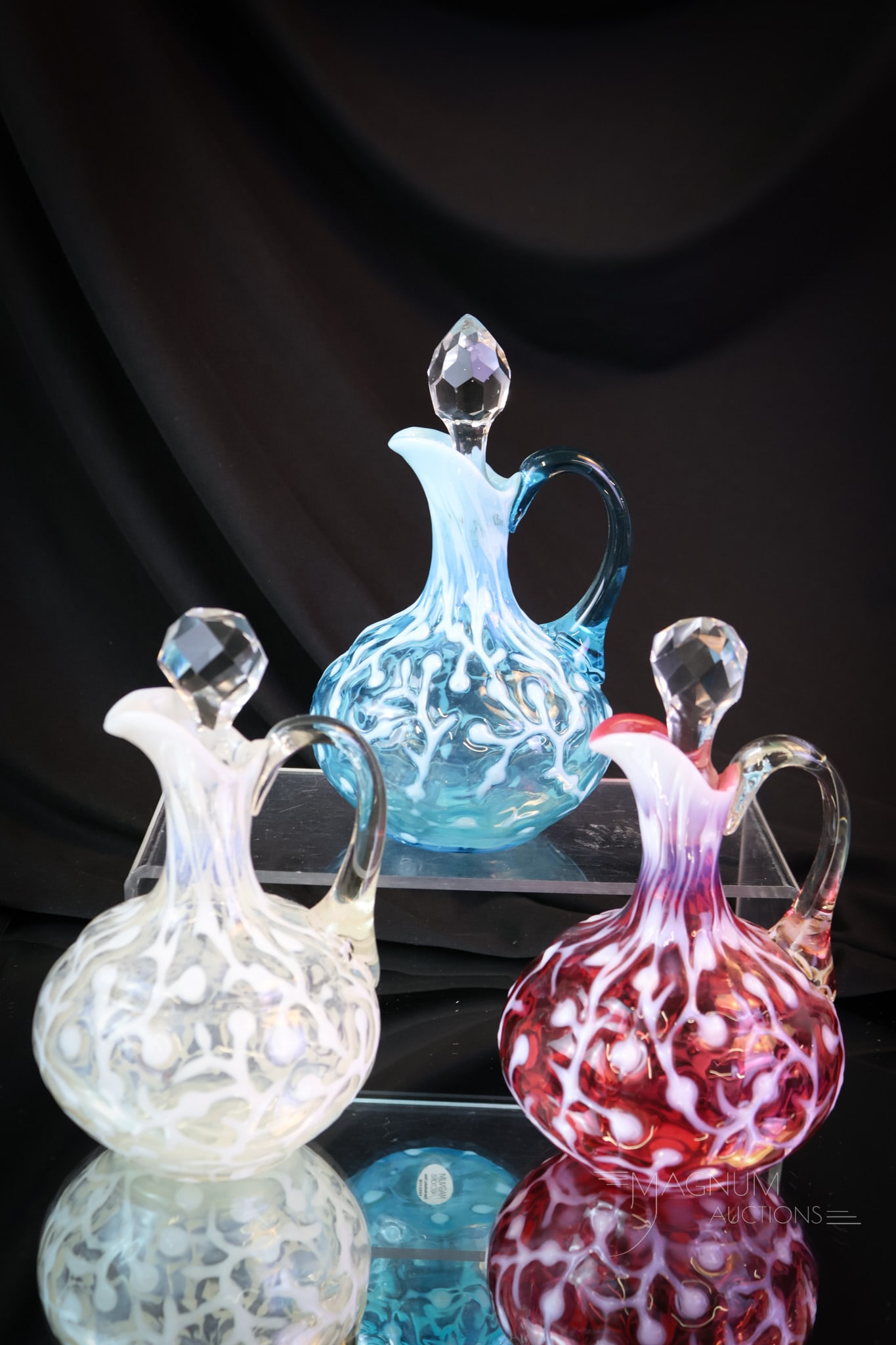 3 pc Lot Patriotism Hobbs Cranberry Blue Opalescent Victorian Glass Cruets: Three wonderful finds in cranberry, white, and blue cruets. These are Hobbs Seaweed pattern. Each complements the one next to it. This offering can be yours if your bid is high enough! The tallest mea