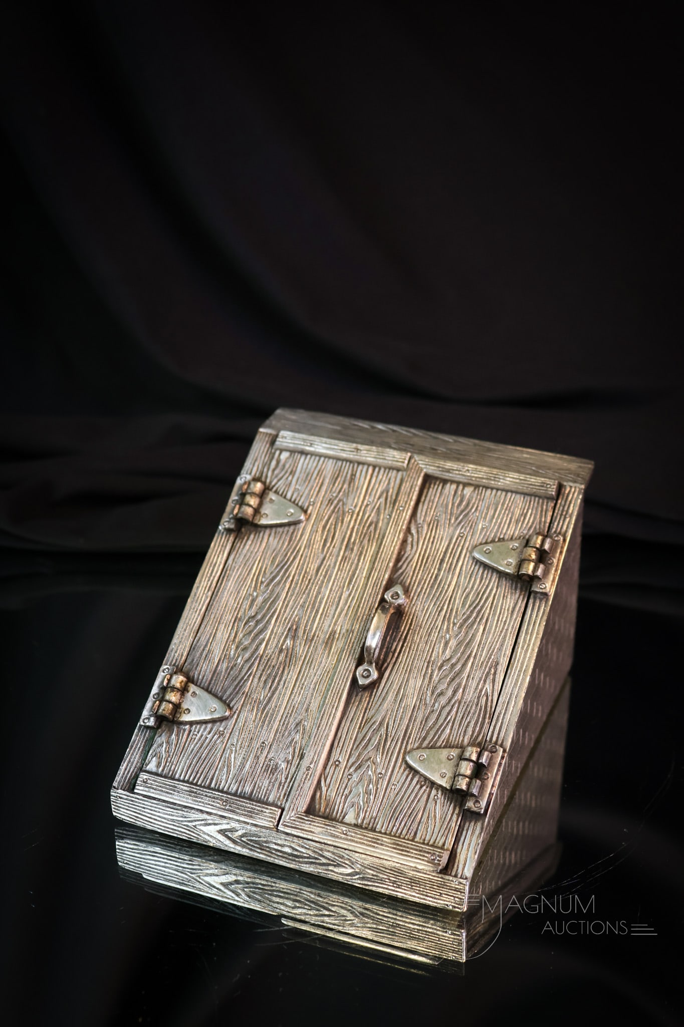 Derby Silverplate Victorian Cellar Doors Jewelry Casket: An unusual find in a signed Derby silverplate from the Victorian era. This is a jewelry casket in the form of a set of cellar doors. This fine example measures 2 3/4" tall and 4 1/2" wide. It features