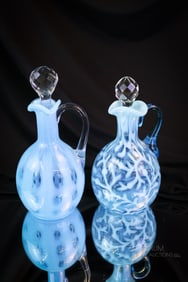 2 pc Lot Blue Opalescent Victorian Glass Cruets Polka Dot & Seaweed