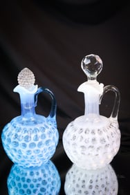 2 pc Lot Hobbs Windows Victorian Opalescent Glass Cruets
