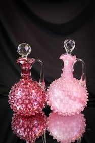 2 pc Lot Hobbs Victorian Glass Hobnail Cruets Rose & Cranberry