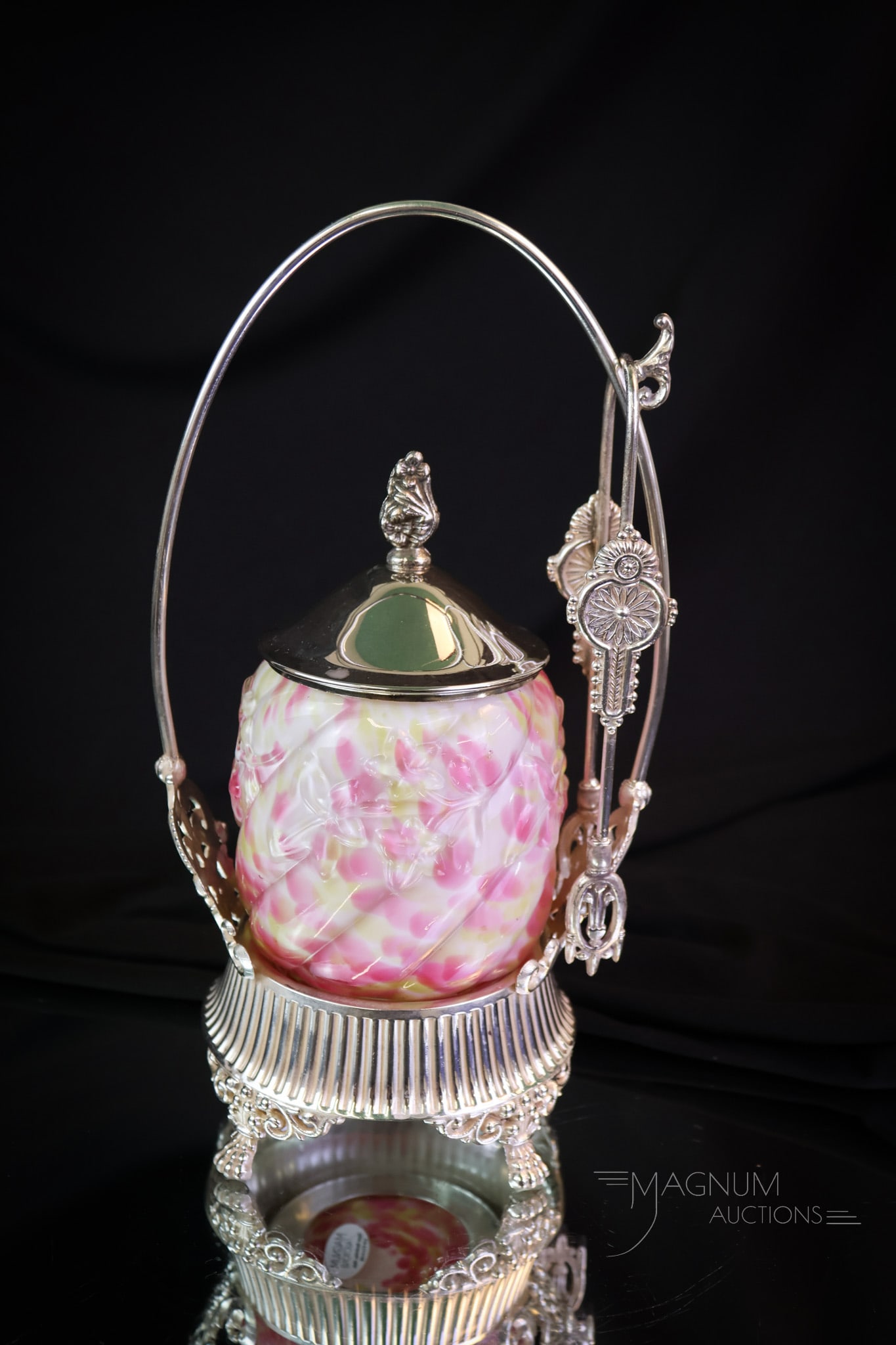 Northwood Rainbow Spatter Royal Ivy Benedict Victorian Silverplate Pickle Castor: A beautiful piece of Northwood glass and silverplate. This is a signed Benedict silverplate pickle castor. It holds a Northwood rainbow-spatter Royal Ivy pattern pickle jar. This castor measures 10" t