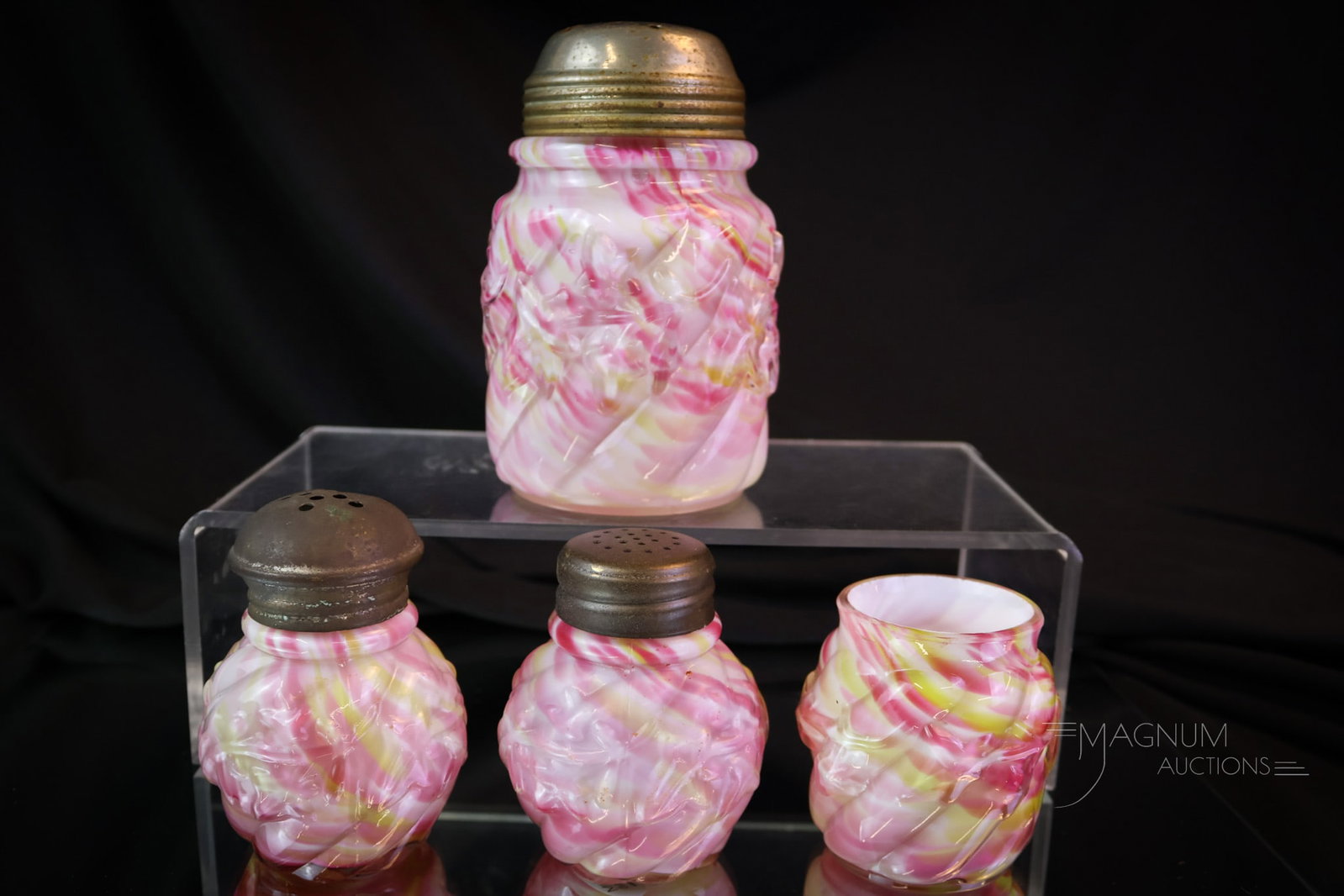 4 pc Lot Northwood Cased Spatter Royal Ivy Victorian Glass Shakers & Toothpick: Four delightful and colorful examples of Victorian glass by Northwood. This lot offers four examples of the Royal Ivy pattern in rainbow spatter. Offered is a sugar shaker, a pair of salt shakers, and