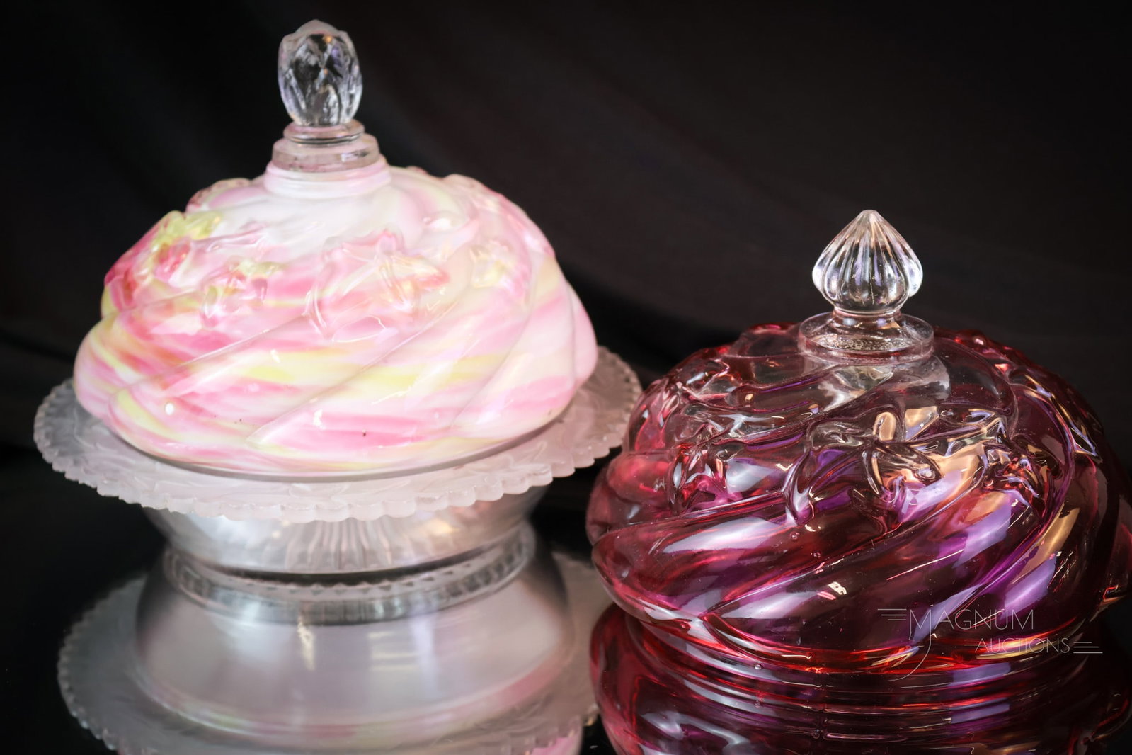2 pc Lot Northwood Cased Spatter Royal Ivy Victorian Glass: A rare find in Northwood Royal Ivy pattern. This is a rainbow spatter butter complete with its original pressed glass base with ivy pattern. This butter has excellent coloring. Also offered with it is