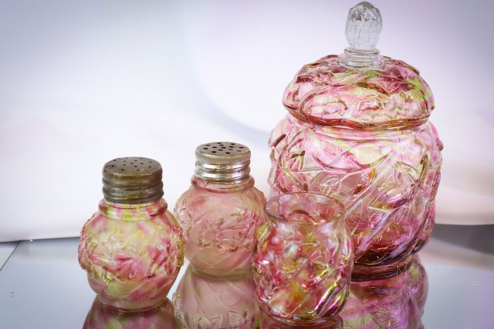 4 pc Lot Northwood Royal Ivy Craquelle Victorian Glass: Four finds in Northwood Royal Ivy pattern that are sure to add a sparkle to your collection. This lot offers a glossy craquelle toothpick holder and a covered sugar bowl. There's also a pair of satin