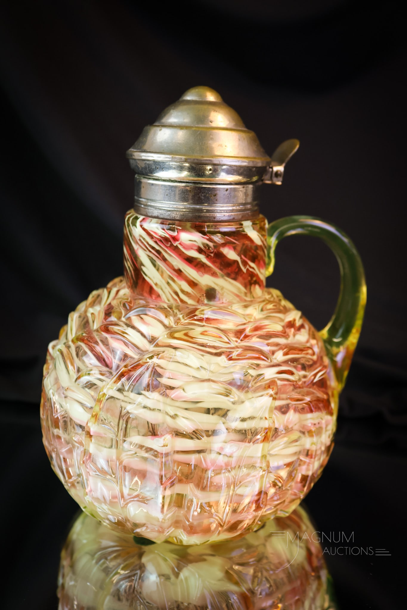 Northwood Vaseline Cranberry Uranium Spatter Leaf Mold Syrup Pitcher: A beautiful and highly collectible Northwood Cranberry vaseline spatter uranium-rich syrup pitcher of the Victorian era. This piece has perfect coloring and glows brightly under black light. A perfect