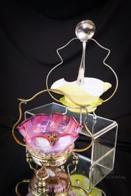 2 pc Lot Victorian Vaseline Uranium Art Glass Silverplate Sweetmeats