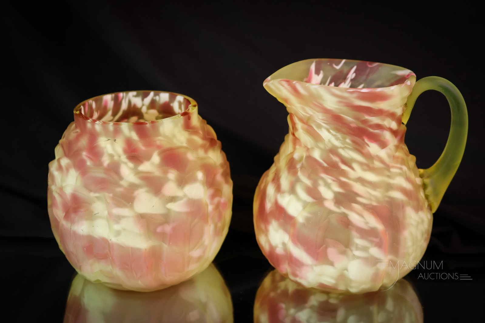 2 pc Lot Northwood Cranberry Vaseline Uranium Spatter Victorian Glass: Two delights sure to please. This lot offers a cream pitcher and a spooner. Both in cranberry vaseline uranium-rich spatter glass. Thiese were made by Northwood. The pieces glow brightly under black l