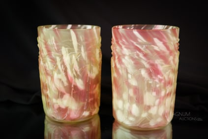 2 pc Lot Northwood Vaseline Cranberry Spatter Uranium Glass Tumblers