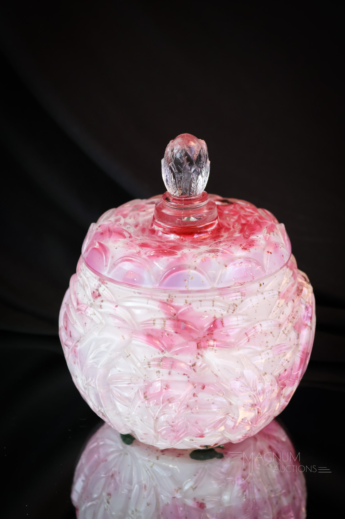 Northwood Leaf Mold Royal Silver Glass Covered Sugar Bowl: Another beautiful find in the Northwood Leaf Mold pattern. This is the covered sugar bowl in Royal Silver coloring. All the makings of the table set for your bidding pleasure. The sugar measures 5 1/2