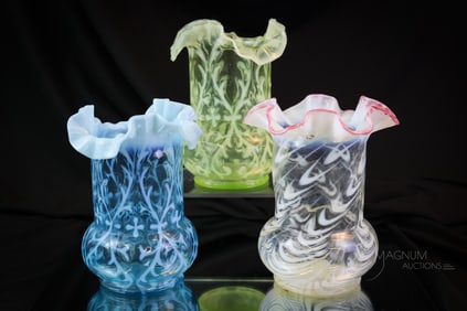 3 pc Lot Northwood Vaseline Blue Opalescent Celery Vases