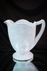 Rare Northwood Blue Grey Custard Wild Bouquet Victorian Glass Water Pitcher