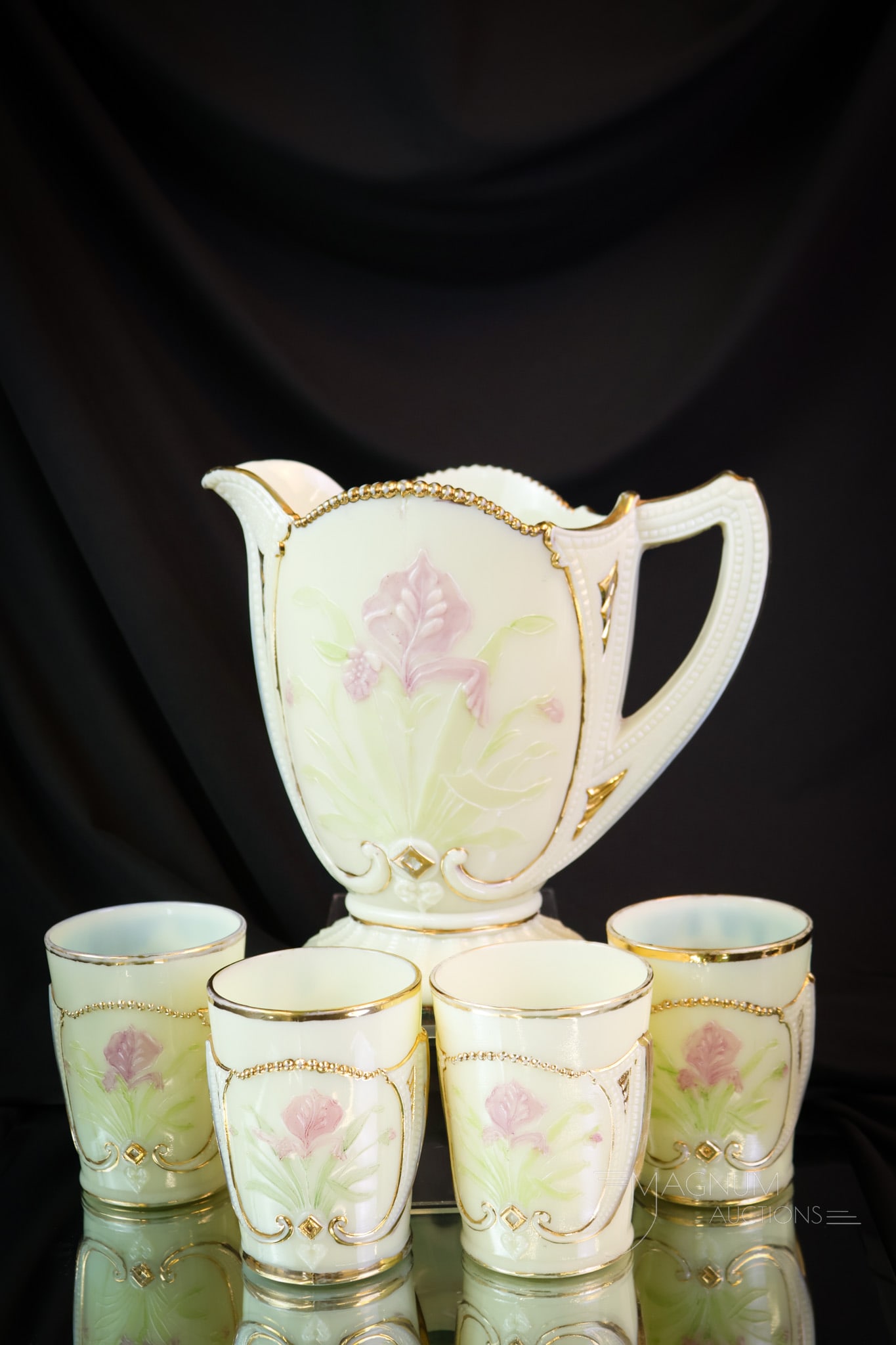 5 pc Northwood Wild Bouquet Custard Glass Victorian Water Set: A lovely and complete set of the Northwood pattern Wild Bouquet in custard decorated glass. This set has excellent gold and decoration. The tallest measures 7 3/4". SHIPPING NOTICE: If you choose not 