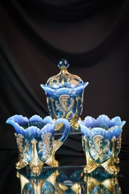 3 pc Lot Northwood Blue Opalescent Glass Inverted Fan & Feather