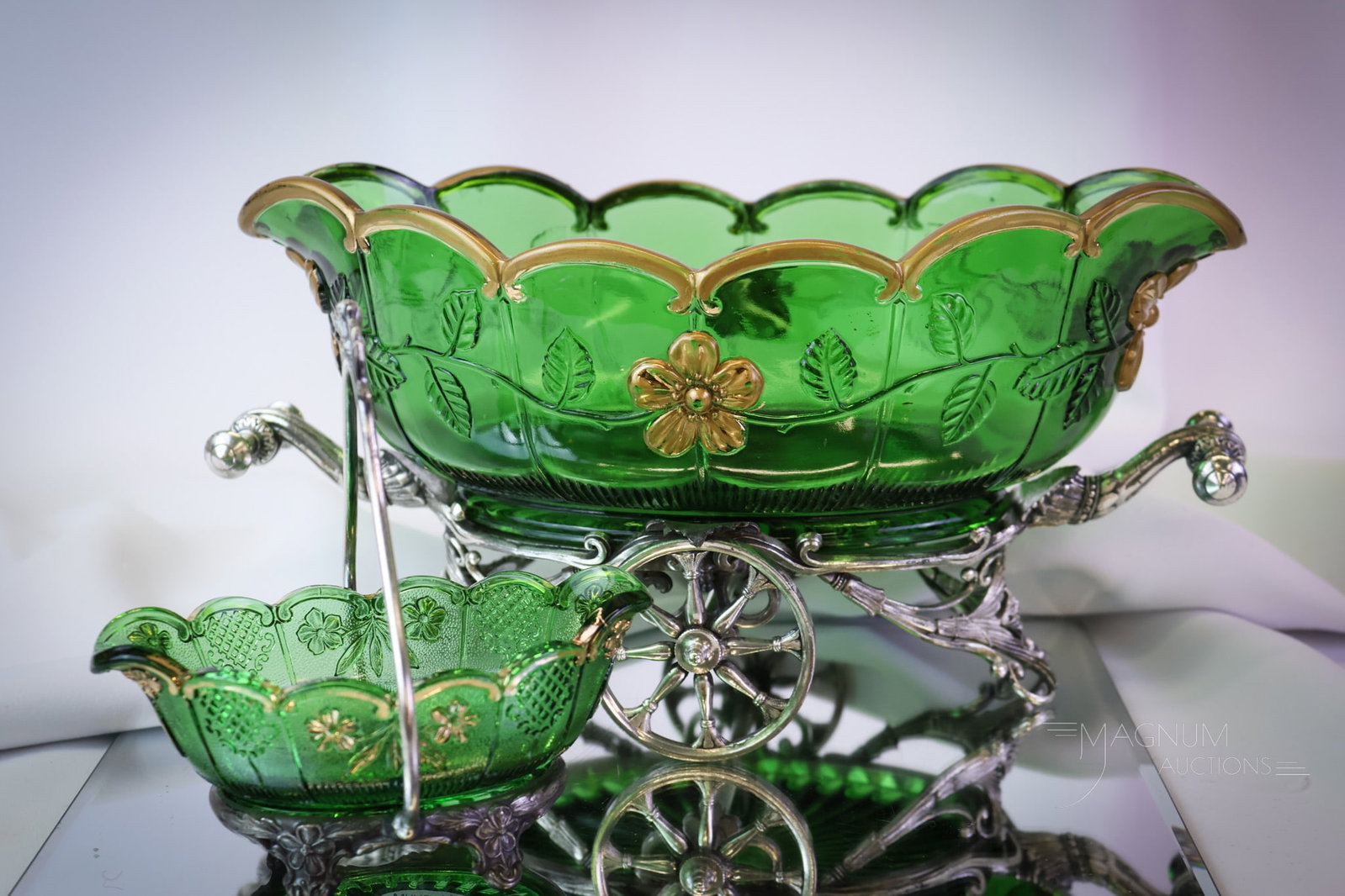 2 pc Lot Victorian Glass & Silverplate Brides Bowls Miniature & More: Two superb examples of Victorian silverplate and pattern glass brides' bowls. This lot offers a Teardrop flower in green with gold and a Delaware pattern miniature brides' bowl. The tallest measures 6