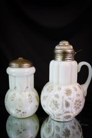 2 pc Lot Findlay Onyx Victorian Glass Sugar Shaker & Syrup