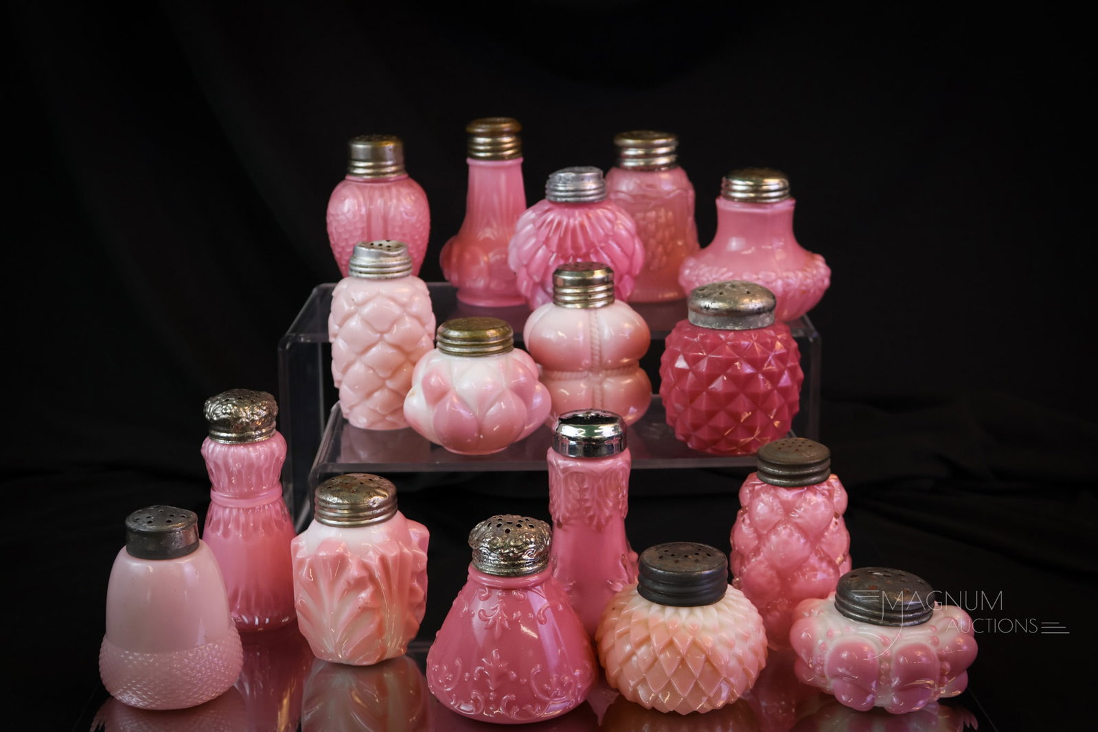 16 pc Lot Pink Victorian Glass Salt Shakers Consolidated Dithridge & More: What a lovely grouping of Victorian pink opaque glass salt shakers this is! Various patterns by Consolidated, Dithridge and more. The tallest measures 4". SHIPPING NOTICE: If you choose not to utilize