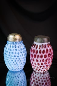 2 pc Lot Hobbs Cranberry & Blue Opalescent Victorian Glass Sugar Shakers