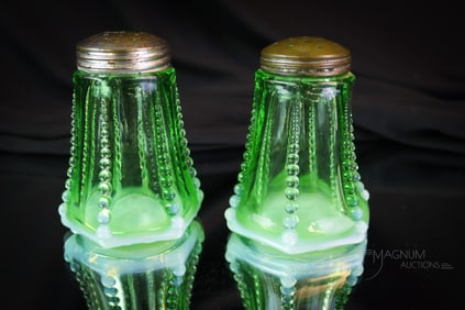 Pair Green Opalescent Victorian Christmas Pearls Salt Shakers