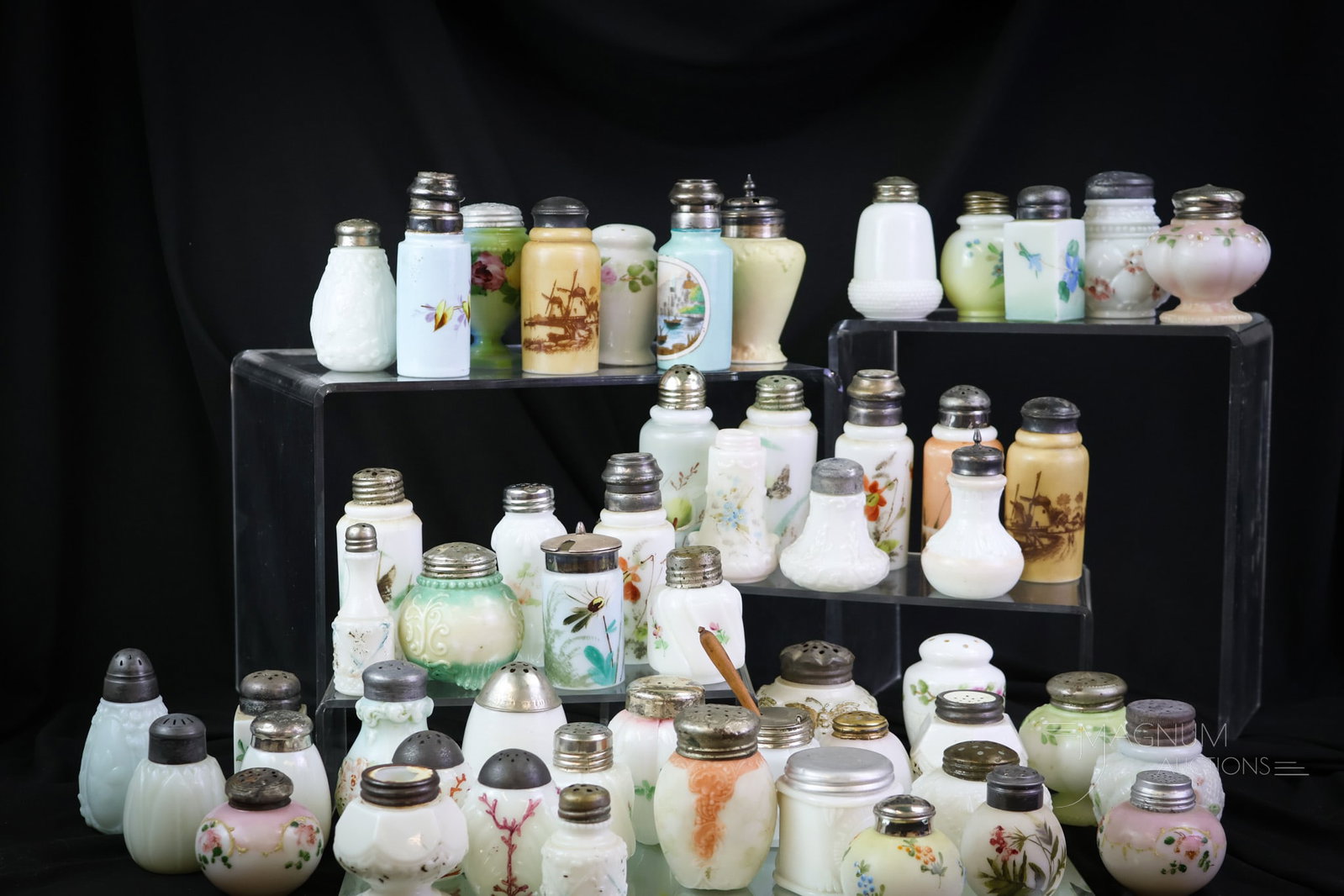 53 pc Lot Milk Glass Victorian Salt Shakers Consolidated Wavecrest Dithridge & More: This lot is a collection within itself. Fifty-three hgihly prized and wonderful shakers to dazzle you. Each is nicer than the next. Do you spot the rare ones? This lot offers so much and yet. The tall