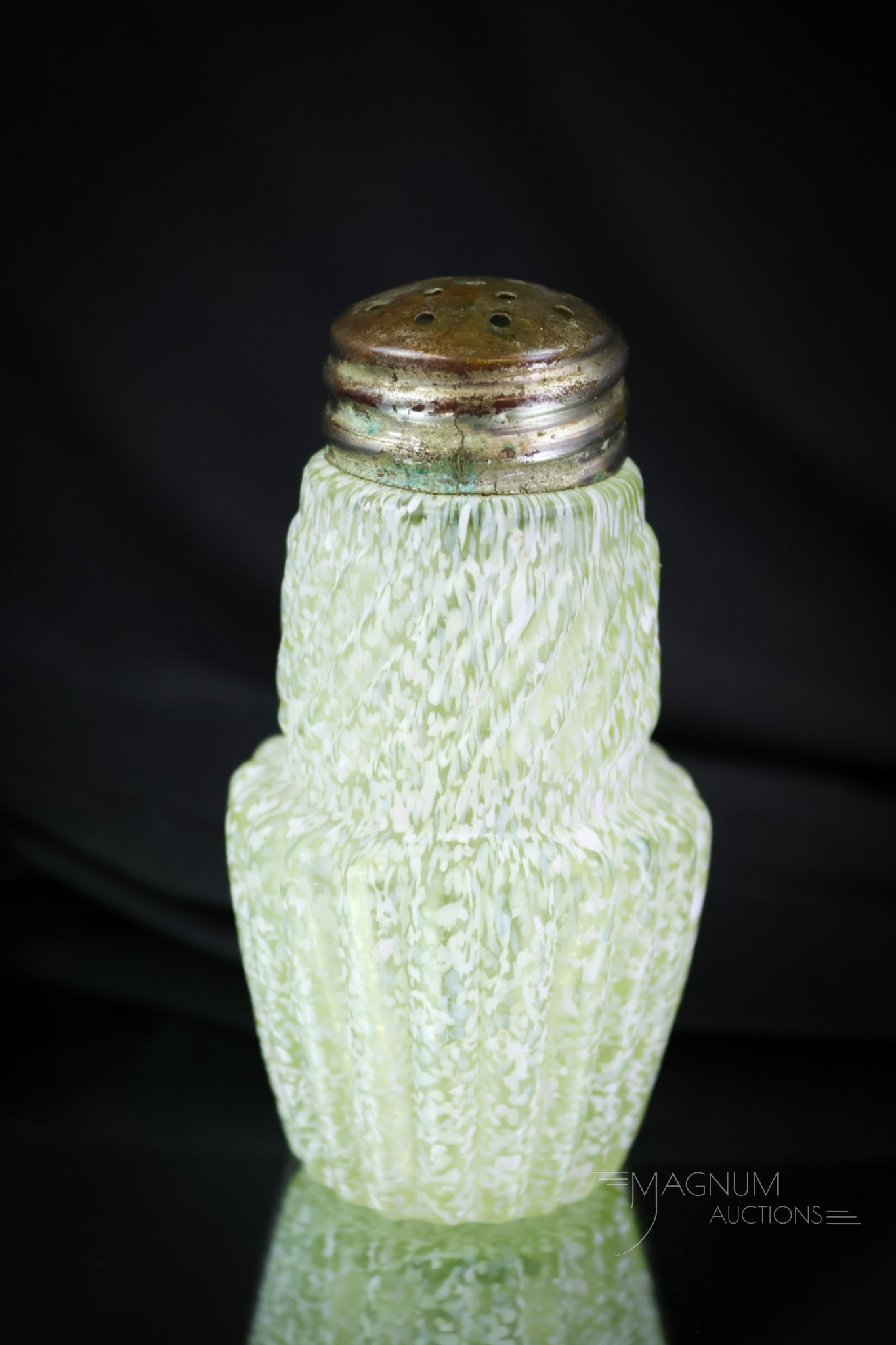 Rare Northwood Vaseline Victorian Glass Urnaium Salt Shaker: A rare find in a Northwood Victorian glass salt shaker. This shaker is in the Chrysanthemum Base swirl variant. It's seldom if ever seen in vaseline with the frit finish let alone in this rare form. T