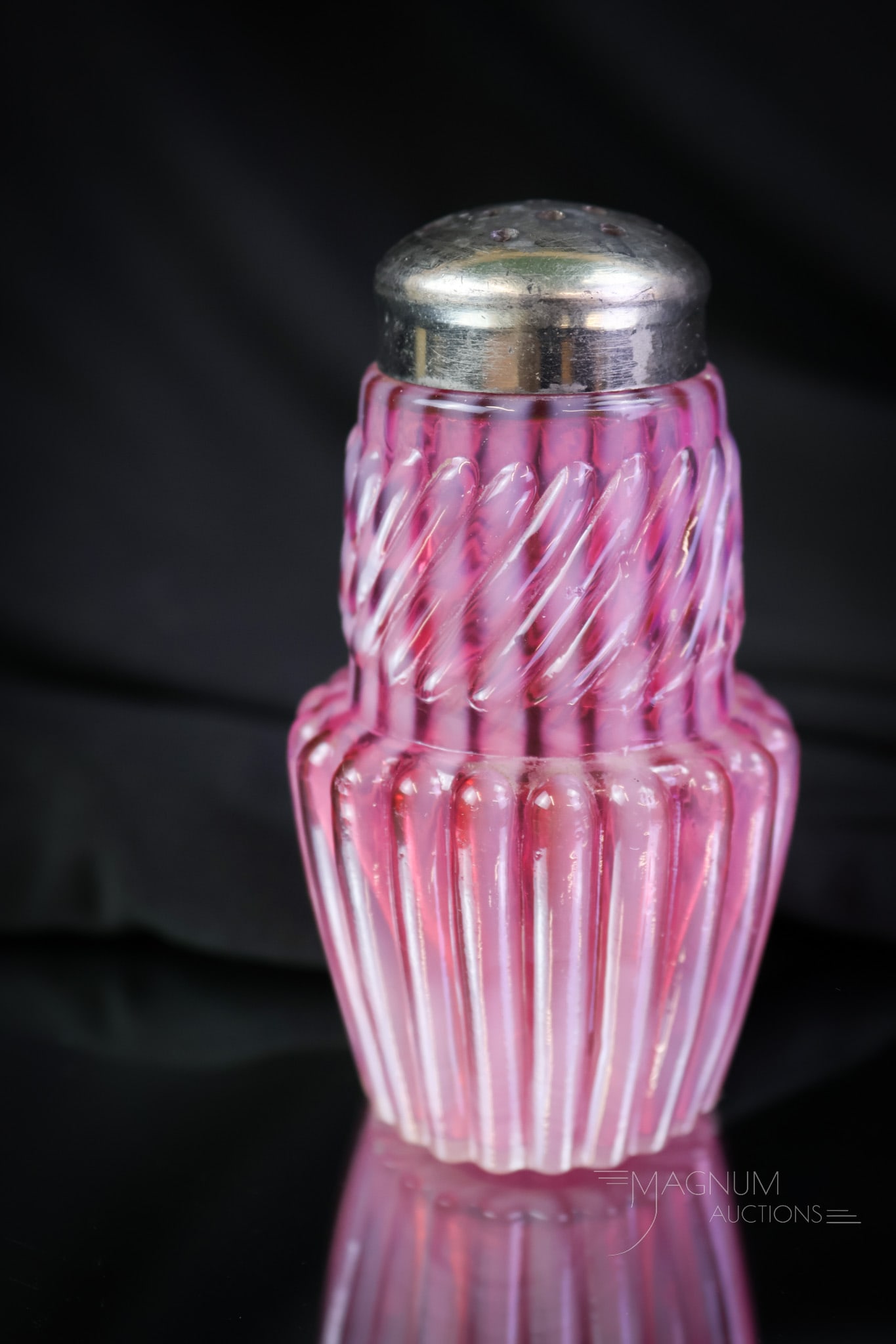 Rare Northwood Cranberry Opalescent Victorian Glass Salt Shaker: Another rare find in a Northwood salt shaker. This is a Chrysanthemum base swirl in cranberry opalescent glass in the variant mold. This elusive shaker needs a new home. Will you be giving it one? The