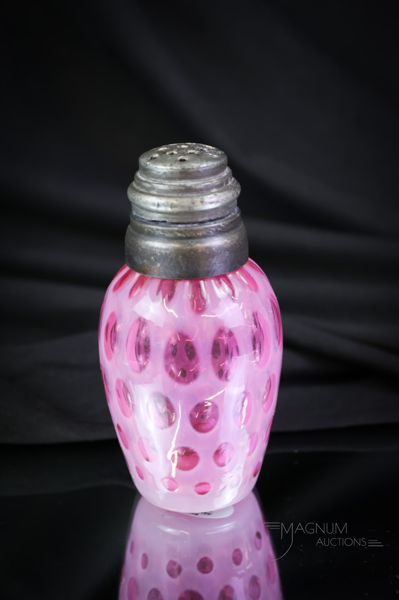 Cranberry Opalescent Windows Victorian Glass Salt Shaker: Another rare shaker in our lineup for the Salties. This seldom if ever seen shaker measures 3 1/2" tall of pure cranberry opalescent beauty. Make way in the curio for this one! SHIPPING NOTICE: If you