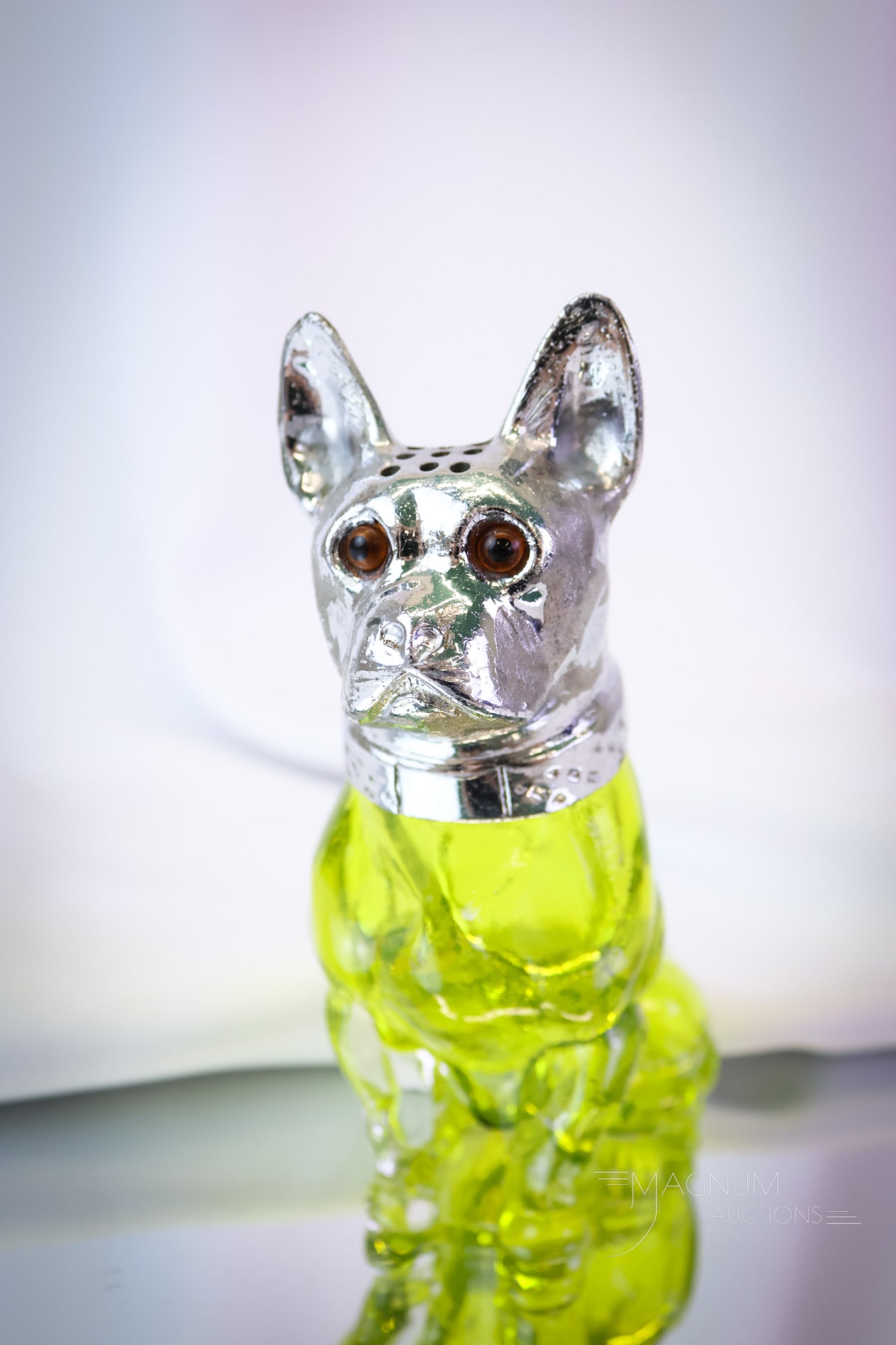Citron Victorian Glass Figural Bull Dog Sugar Shaker: A wonderful citron Victorian glass Bulldog suga shaker. Figural glass sugar shakers as this are highly prized. This super example is just perfect. It measures 5 3/4" tall. SHIPPING NOTICE: If you choo