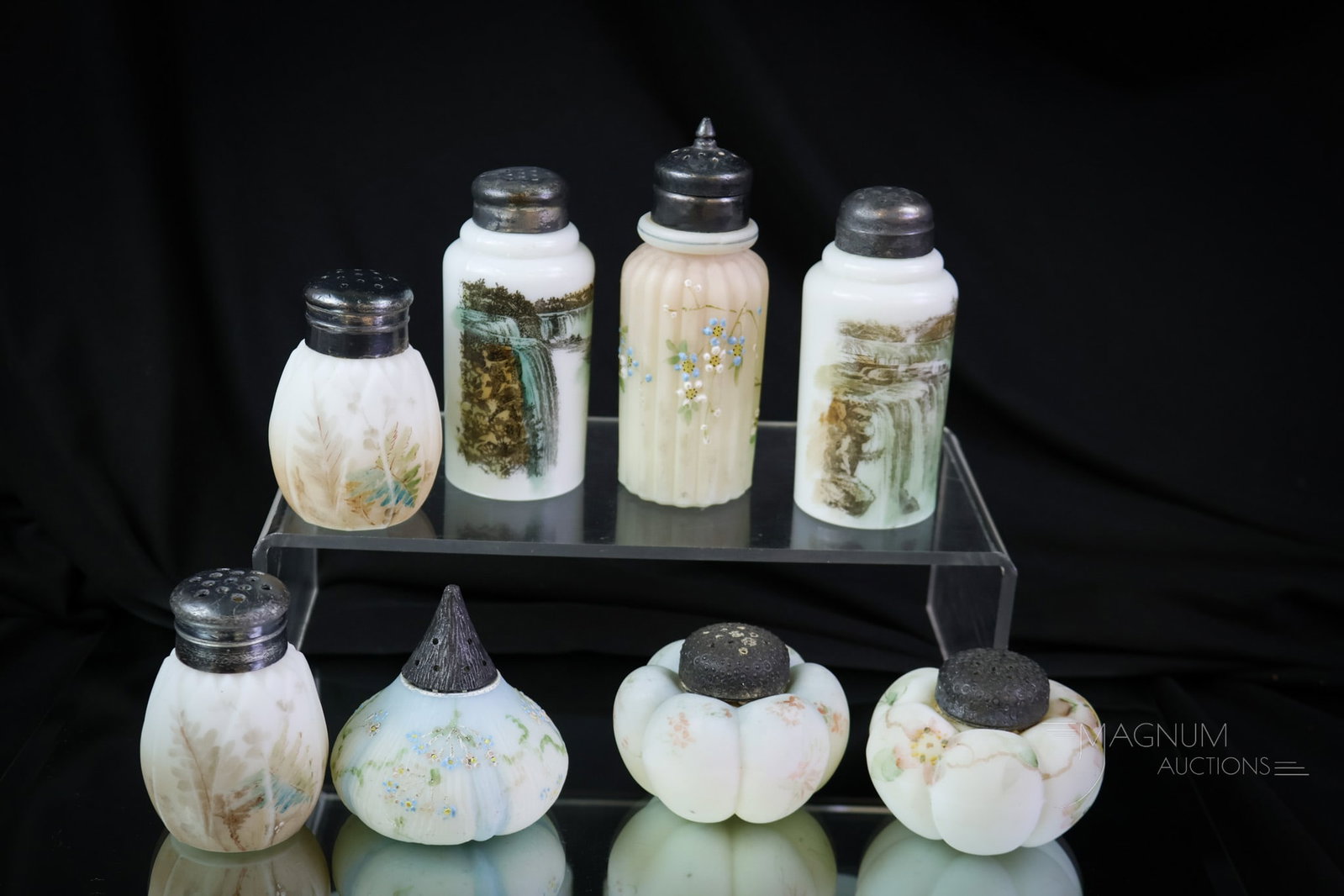 8 pc Lot Victorian Mt. Washington & More Victorian Glass Salt Shakers: Eight finds in Victorian glass salt shakers that ae sure to please. This lot offers some Mt. Washington and some similar. The tallest measures 4". SHIPPING NOTICE: If you choose not to utilize the Liv